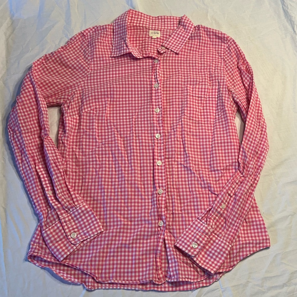 J. Crew Pink Gingham Button-Up Shirt. Size M